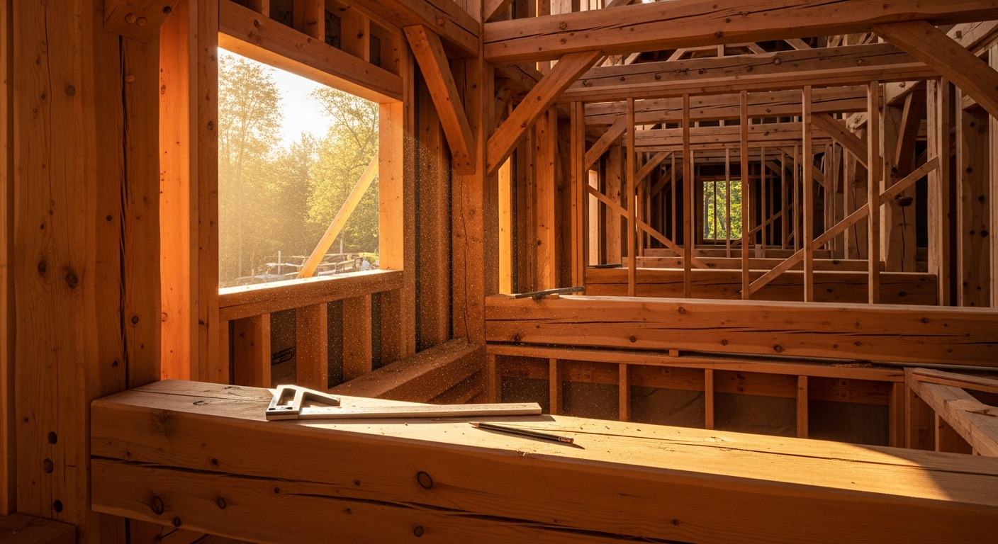Timber frame residential structure mid-construction — Douglas fir mortise-and-tenon joinery with afternoon light flooding through a rough-framed window