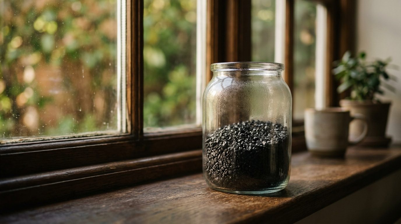 A glass jar of dark charcoal filtration media on a windowsill