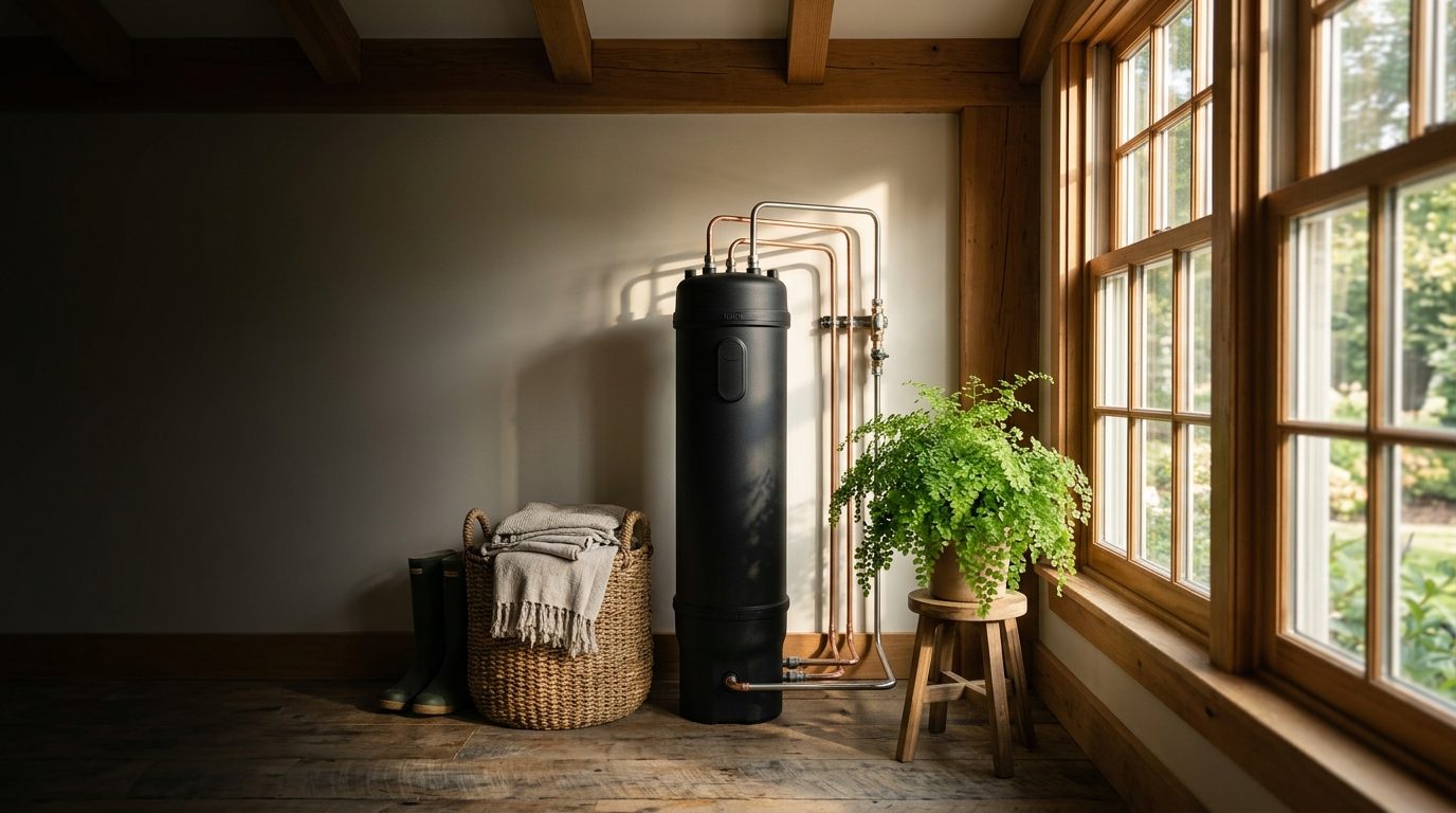 The H3O system installed in a home mudroom, connected by copper piping