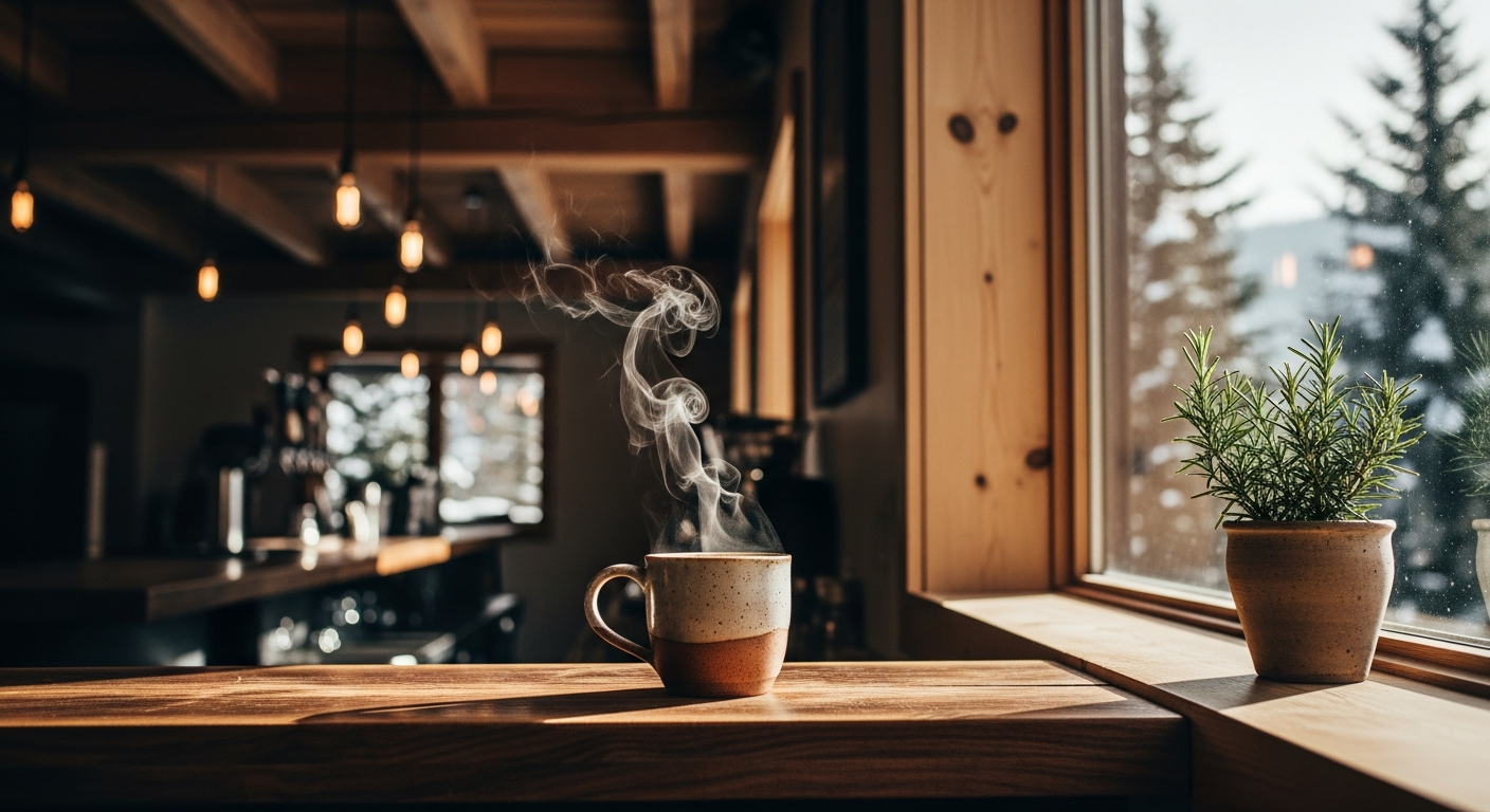 Mountain coffee shop interior at morning — hand-thrown ceramic mug on a walnut counter, steam curling in east window light, snow-dusted pines outside