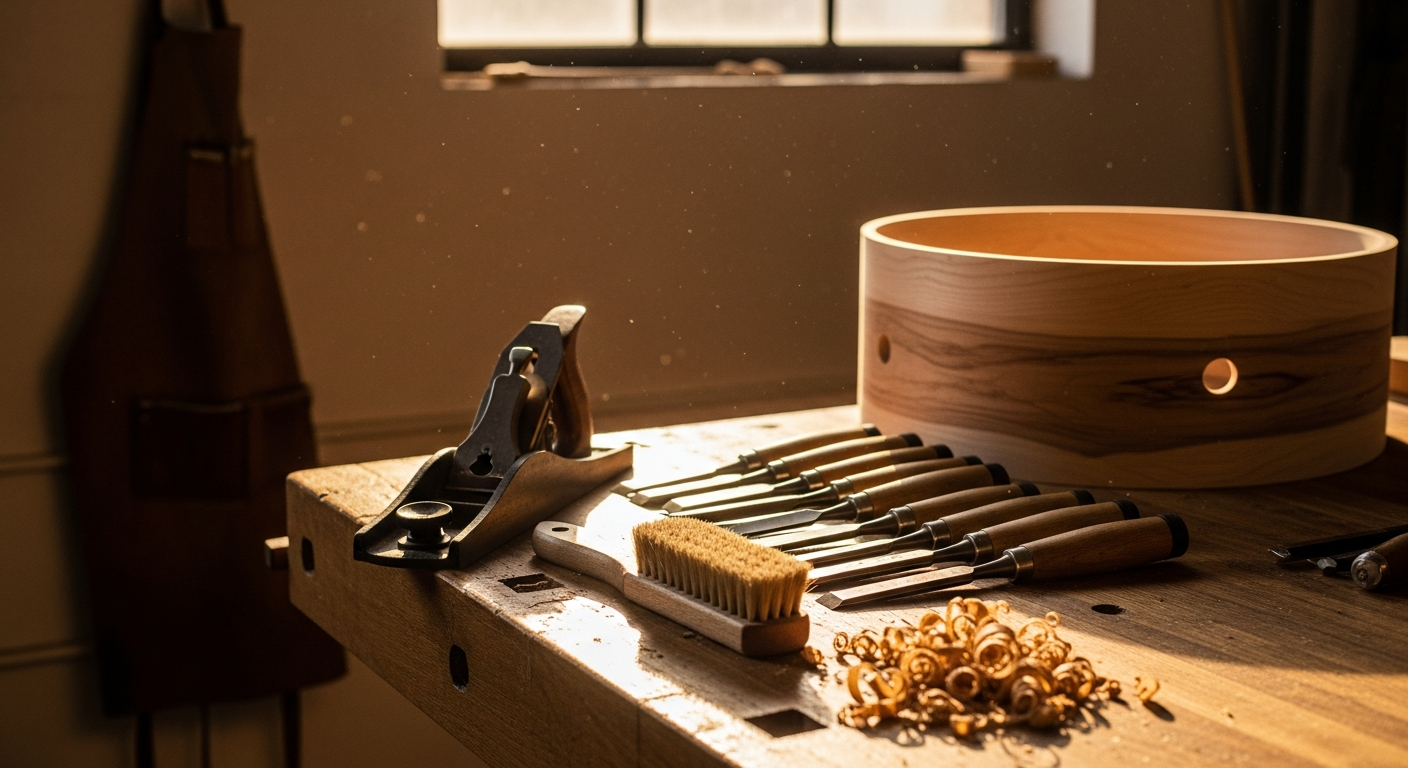 A craftsman's woodworking bench at end of day — hand plane, chisels, wood shavings, and a half-finished drum shell in maple in the soft background