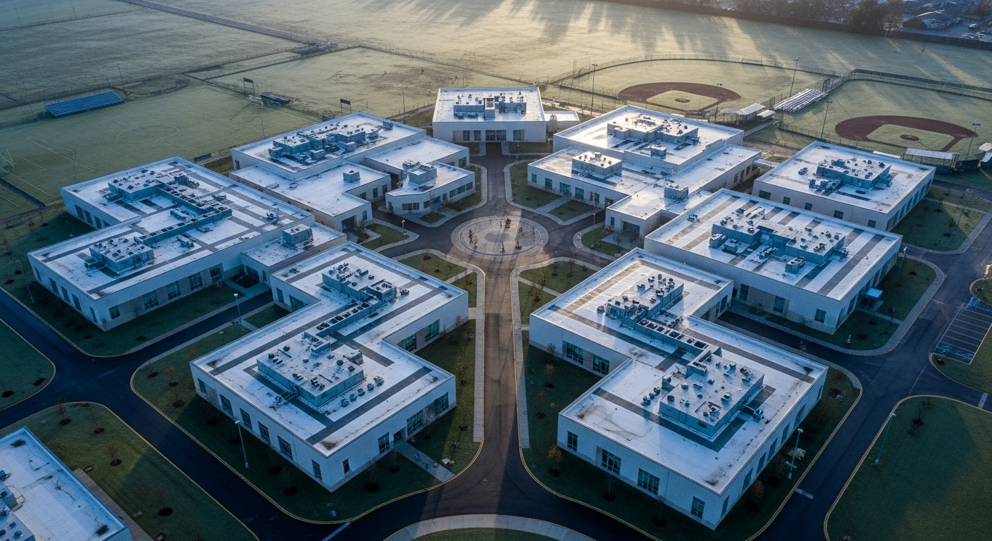 Aerial view of a K-12 school campus at early morning — rooftop HVAC units, athletic fields, and clean asphalt pathways