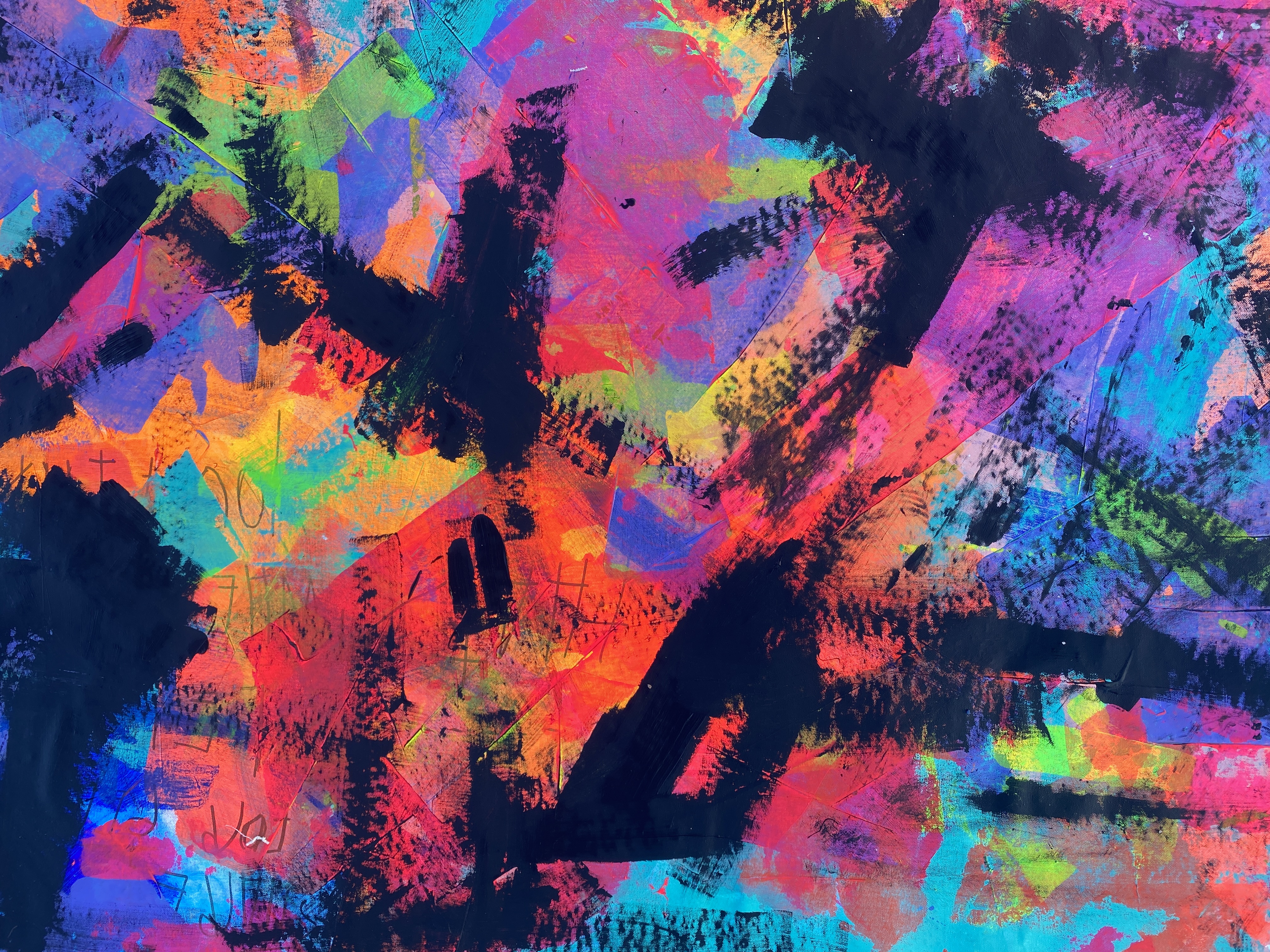 Abstract painting detail — layers of hot pink, orange, cyan, purple, and black acrylic with bold gestural strokes