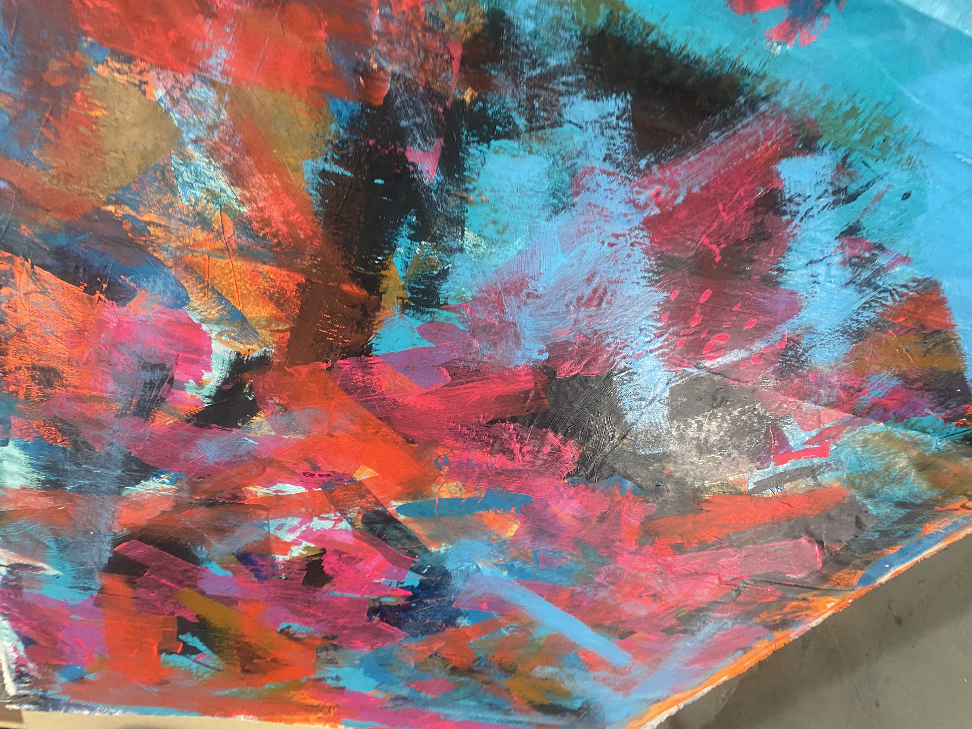 Detail — orange, pink, cyan, and black acrylic texture