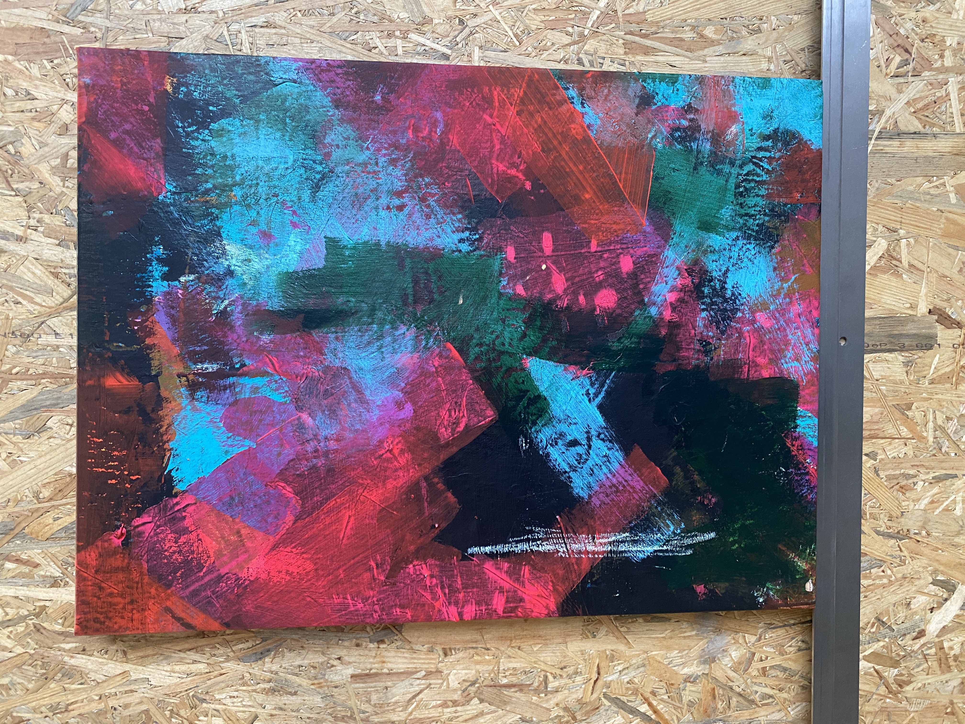 Abstract canvas — magenta, cyan, teal, and black with heavy scraping