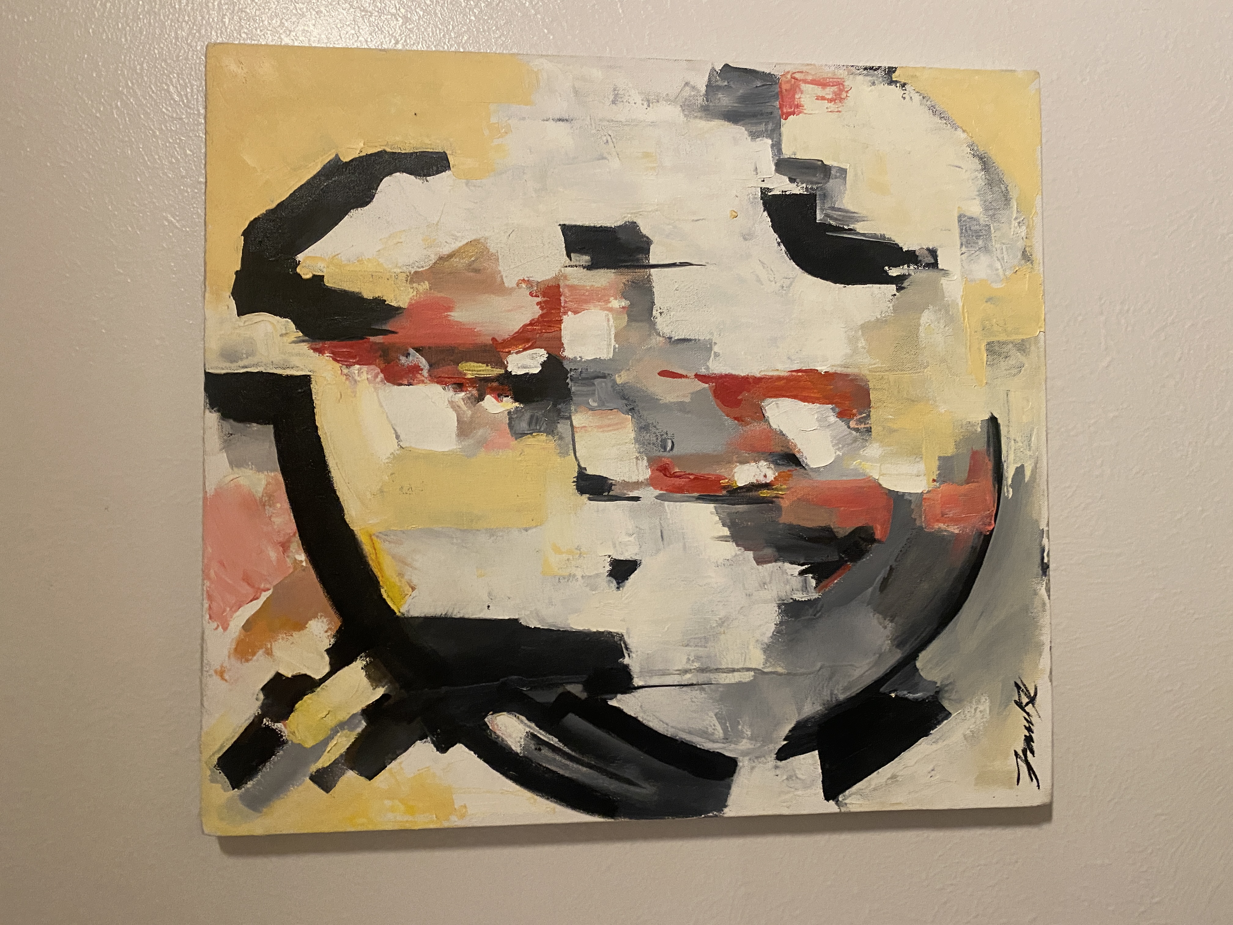 Abstract canvas — ochre, white, black, and coral with bold curved marks