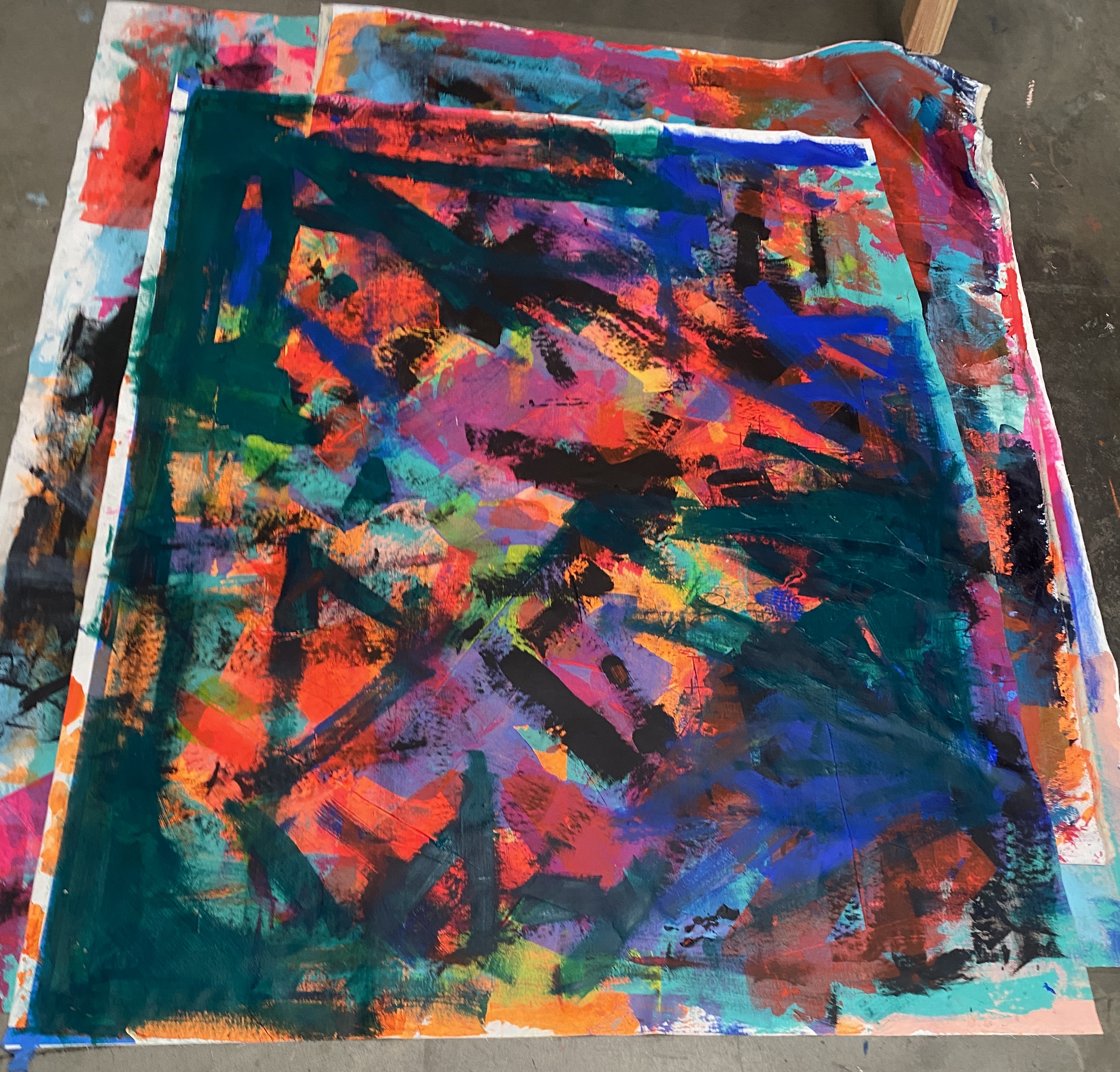 Abstract canvas — deep teal, orange, pink layers with visible scraping