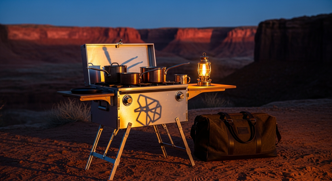 Nomadic Systems camp kitchen deployed at blue hour in a high desert canyon