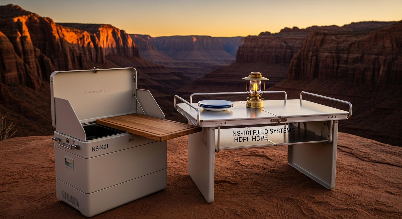 Full Nomadic Systems camp setup deployed at golden hour — field kitchen and field table as a unified system