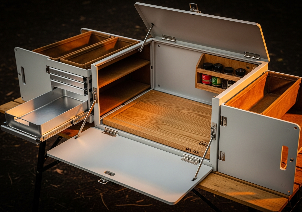 NS-K01 Field Kitchen deployed open at a campsite, showing L-shaped prep surface, oiled white oak cutting board, and waxed canvas liners