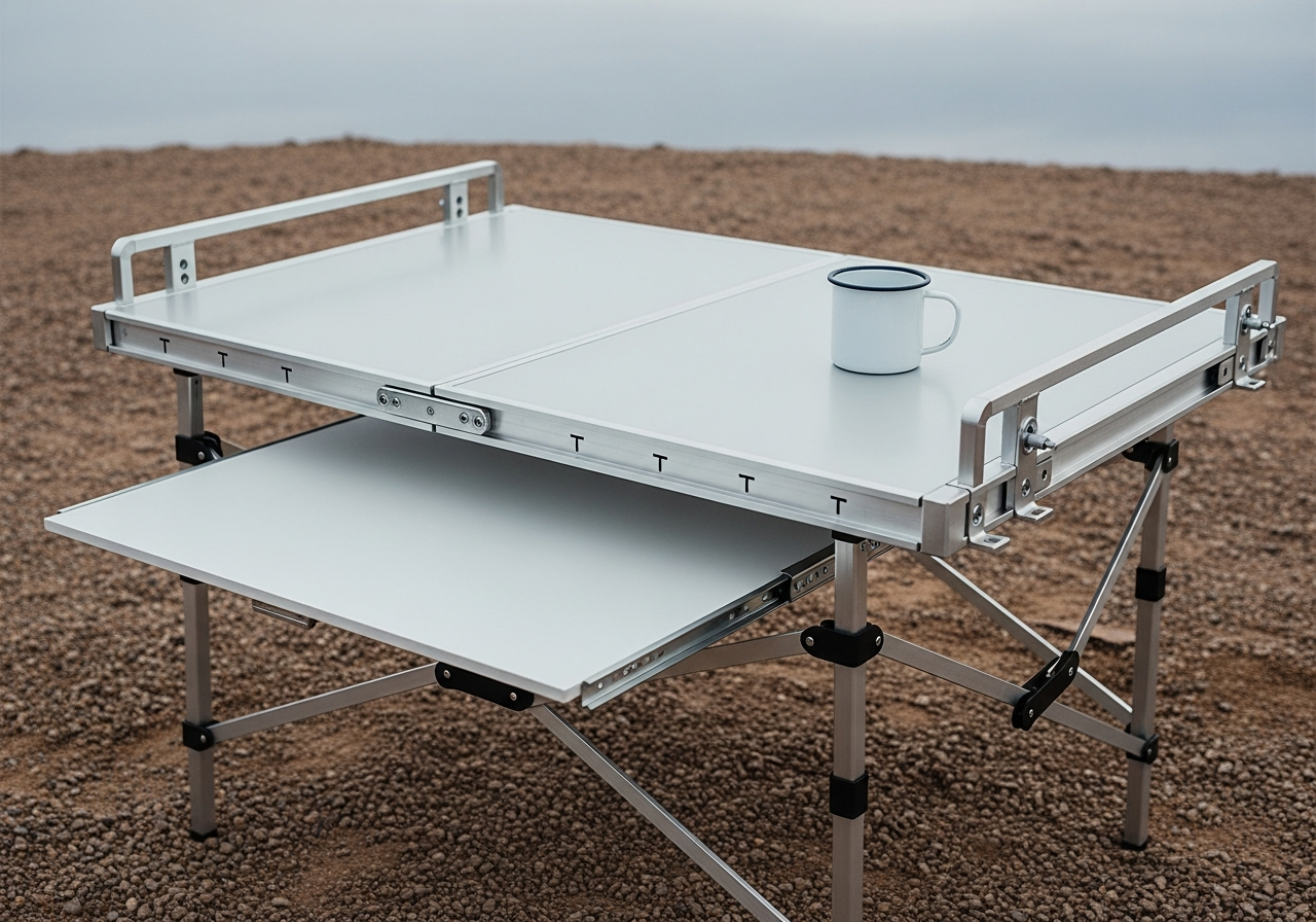 NS-T01 Field Table deployed — aluminum surface with 1.5-inch perimeter rail and HDPE undershelf