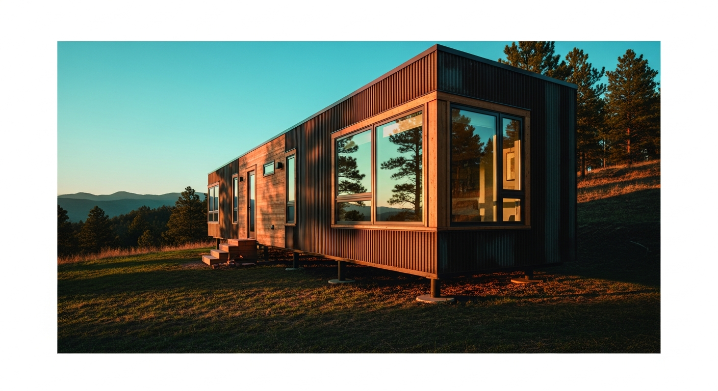Vital Structures modular dwelling on a hillside with charred timber cladding and pier foundation at golden hour