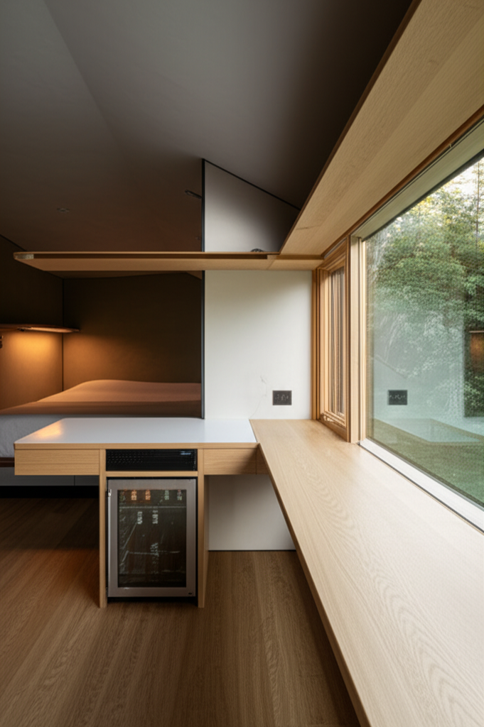 Study interior — white oak, natural plaster, daylight