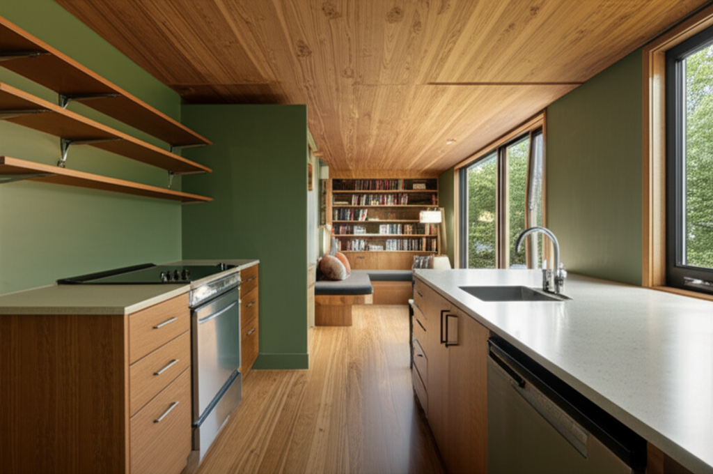 Hearth interior — white oak, natural plaster, daylight