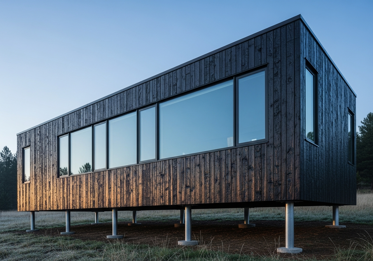 Vital Structures modular dwelling exterior — shou sugi ban charred timber cladding, deep-set aluminum windows, adjustable steel pier foundation