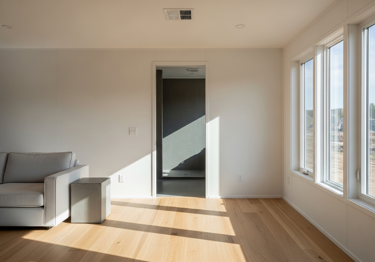 Vital Structures interior — engineered white oak floor, natural plaster walls, micro-cement bathroom, morning light through triple-pane windows