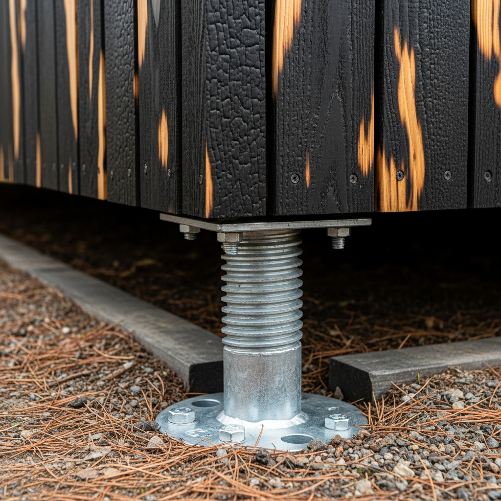 Adjustable steel pier foundation system — galvanized screw pier under shou sugi ban wall panel