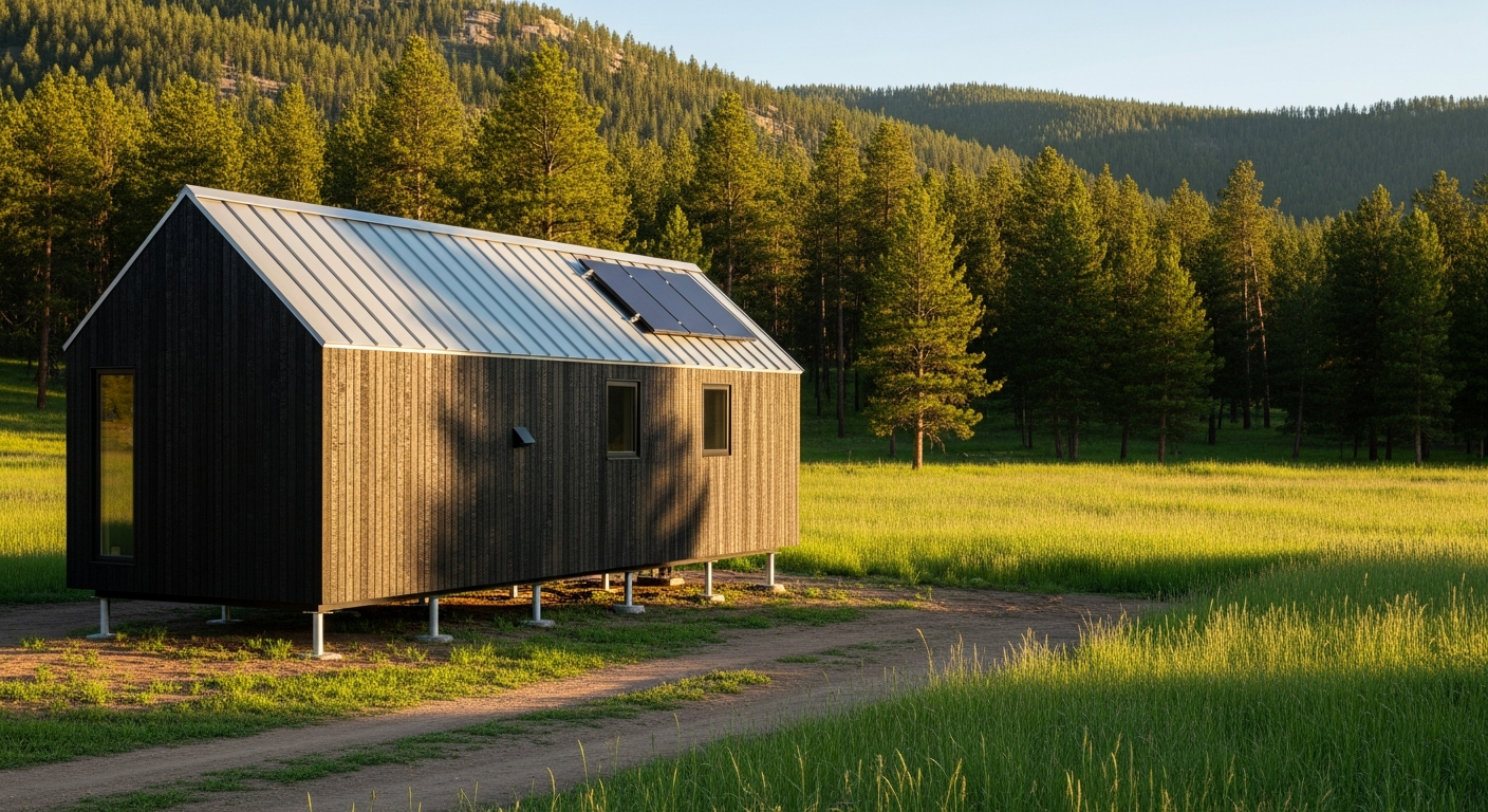 VS-02 Study — 14×24 modular dwelling deployed in a forest meadow